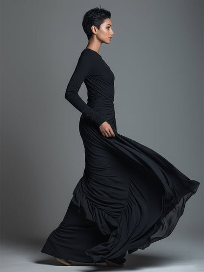 Women's Black Elegant Jersey Knit Ruched Maxi Dress MDA1541H1I